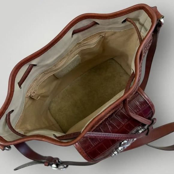 Brighton Vintage Leather Cross Body Shoulder Bucket Bag Cream Brown Drawstring - Picture 10 of 16